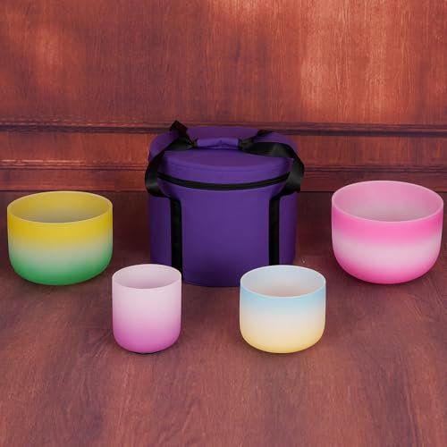 Rainbow - Cuenco de cristal de cuarzo de 15,2 cm de B + 20,4 cm de G + 25,4 cm de E+30,5 cm C + funda para meditación, yoga y relajación