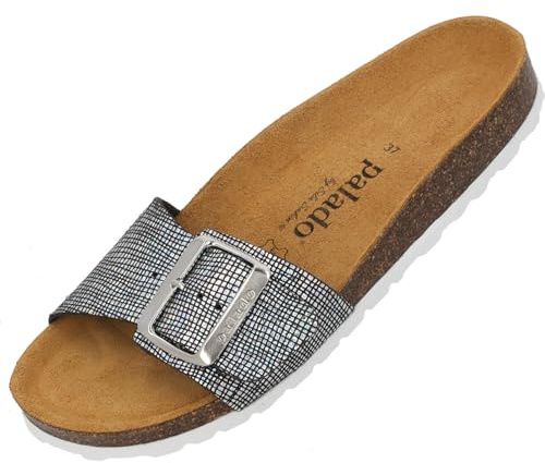 Palado Pantoletten Damen Malta EGS Grid by Sila Sahin - bequeme Sandalen Made in Spain - Hausschuhe mit Kork-Fußbett - modische Sommerschuhe Schwarz UK8 - EU41