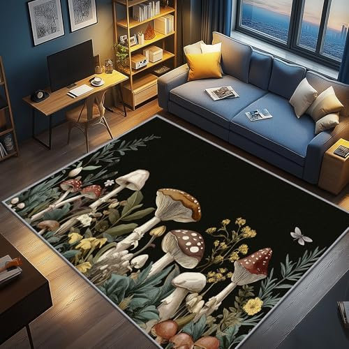 AevuCub Botanisch Deko, Pilz Wilde Pilze Teppich 140x200 Kurzflor, Teppich Wohnzimmer Bunte Blumen Wildblumen, Weich rutschfest Waschbare Teppiche, Bettvorleger Schlafzimmer Kinderzimmer