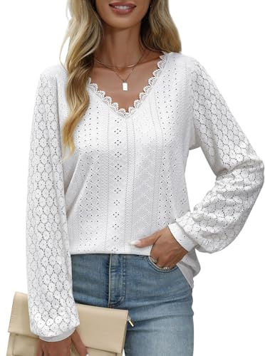 PASUDA Womens Tops Long Sleeve Ladies Blouses V Neck Casual Shirts Elegant Cutout Scalloped Lace Tunic Tops Fashion Dressy Loose Fit T Shirts(White,L)