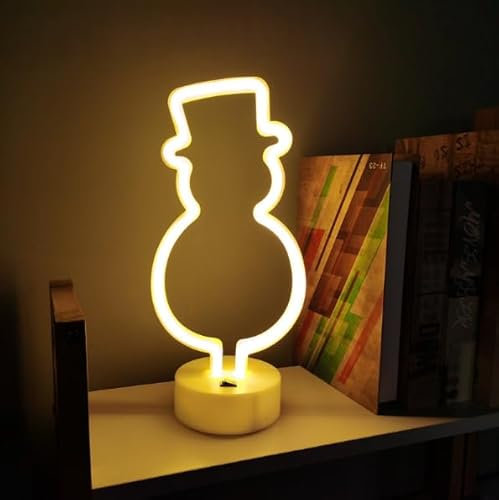 Xusdamyj Hallo Winter Schneemann Neon Zeichen Lampe dimmbare LED mit standbarer Basis und berührbarem Schalter, USB oder 3-AA Akku betriebene Neon Zeichen LED Desktop Wanddekoration für Party