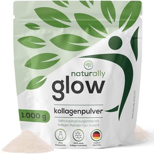 naturally glow Kollagen Pulver 1 kg – hydrolysierte Rinderkollagen Peptide | Geschmacksneutral & löslich, Kollagen-Peptide Typ I, II, III, ~66 Portionen, Premium Collagen Powder