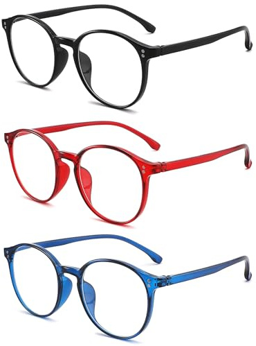 LANLANG 3 Pack Reading Glasses for women with 3 Colors, Round Eyeglasses, Black/Red/Blue, PC Frame, Clear Lens