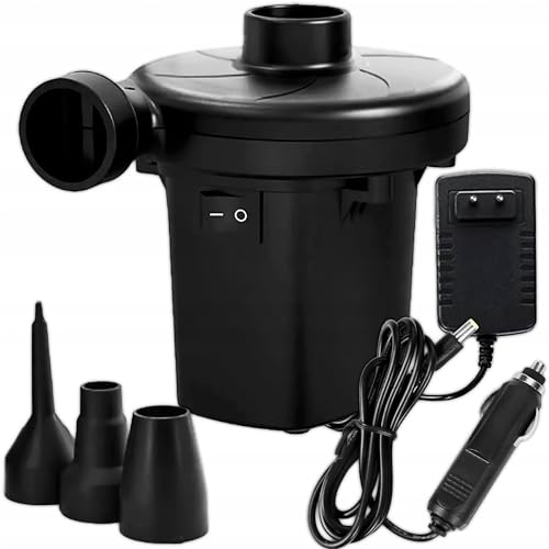 KRUMAD Elektrische Luftpumpe 12V/230V 50W – Doppelfunktionspumpe mit Aufblas- & Entlüftungsfunktion – 3 Aufsätze für Luftmatratze, Pool, Schlauchboote, Luftbett & Spielzeug
