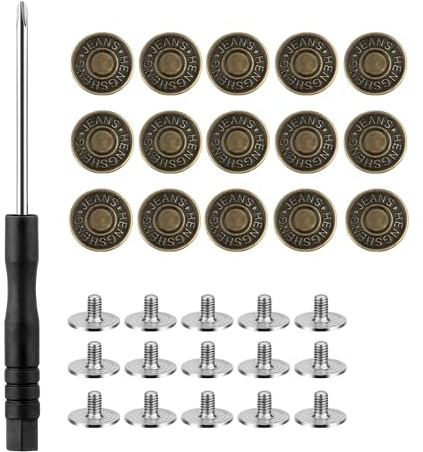 15 Hosen Ersatz Knöpfe 17mm Jeansknöpfe Ohne Nähen Messing Schwarz | Schraubendreher inklusive, verstellbar einschlagen, jeans knopf stift, taschen reparatur, bekleidung anpassbar