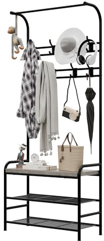 Aptliton Coat Rack with Shoe Bench 60cm, 3-in-1 Narrow Hall Tree Entryway Stand, Industrial Metal Frame Hallway Organiser with 8 Hooks & Top Hanging Rai