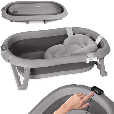 moovkee. Baby Badewanne 80cm - Babybadewanne Faltbar Dunkelgrau 0-36 Monate | mit Thermometer und Badekissen Baby Bathtub für Kinder Kinderbadewanne Tragbare