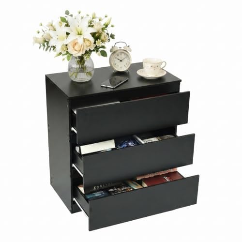 Liink1Ga Komodenschrank für Schlafzimmer 70 cm Breit Kommode Schwarz mit 3 Schubladen, Nachtkasten Schubladenkommode Kommode&Sideboard Komoda für Büro Wohnzimmer Schlafzimmer Flur Möbel(70x40x75CM)