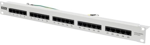 DIGITUS Patchpanel – Cat-3 – 25-Port – 19-Zoll 1HE – Ungeschirmt – Grau | LSA – 16 MHz, 10Base-T – RJ45 8P4C – Patch-Feld – Rack-Montage im Netzwerkschrank