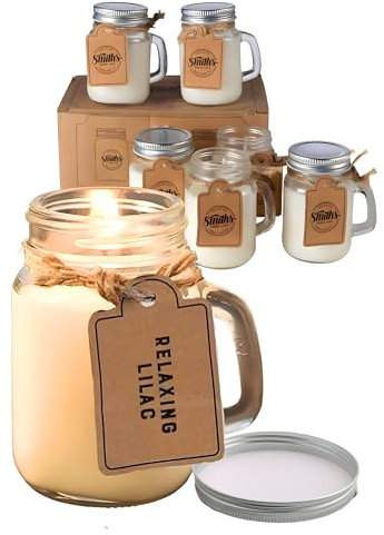 Smiths Mason Jars Scented Candles Gift Set for Women – 6 Relaxing Aromas in 100% Soy Wax, Long-Burning 26-Hour Candles in 120ml Glass Jars with Handles. Present for Christmas, home decor, aromatherapy