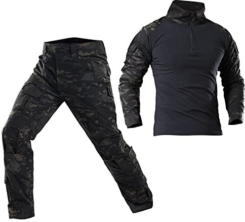Taktische Airsoft Tarnanzug Herren Paintball Combat Shirt Hose Sets Langärmlige Militär Anzug Outdoor Camouflage Jagdbekleidung BDU Uniform (Schwarzcamo, S)