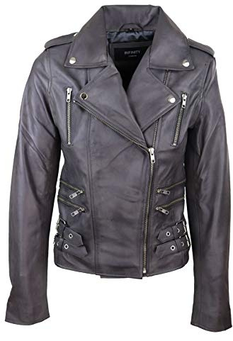 Womens Ladies Real Soft Leather Racing Style Biker Jacket Grey