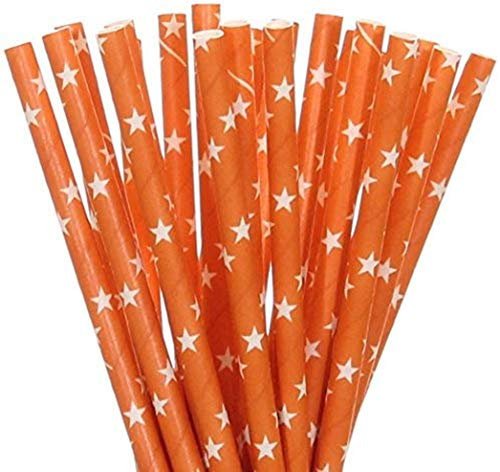 Lot de 100 pailles en papier orange avec étoile blanche biodégradables, pour anniversaire, fête, Noël, café, restaurant, mariage