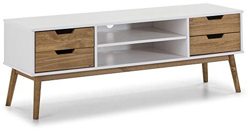 VS Venta-stock Meuble TV Java 1 Porte et 2 tiroir Blanc, glissières métalliques, Longueur 140 cm, 40 cm de Profondeur, Hauteur 52 cm