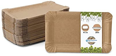 BIOZOYG Assiette en carton carrée 250 pièces I Assiette à snack de couleur naturelle biodégradable I Bol en papier à frites 10 x 16 cm rectangulaire