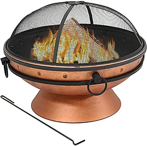 Marco Paul Große runde Kupfer-Feuerstelle und Grill mit Grill, Griffen und Funkenschutz, Metallbrenner, für den Außenbereich, Garten, Holzofen