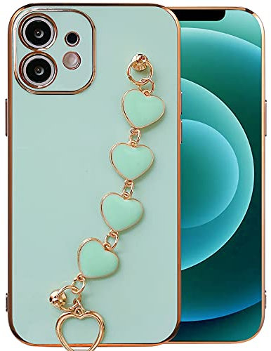 Qokey Compatible with iPhone 11 Case 6.1 inch Luxury Plating Soft TPU Case with Love Heart Chain Bracelet Strap Shiny Cute Pretty Protective Phone Cover for Women Grils Mint Green