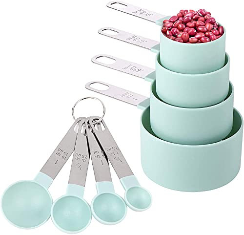 tazas medidoras acero inoxidable, 8 Piezas juego de tazas y cucharas medidoras measuring cups herramienta de medición de plástico apilables para líquidos y sólidos para cocinar (verde)
