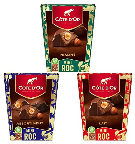 Côte d'Or - Lot de 3 Boîtes de Mini Roc Lait, Praliné, Mix - Chocolats de Noël - Idéal à Partager - 3 Boîtes de 279 g