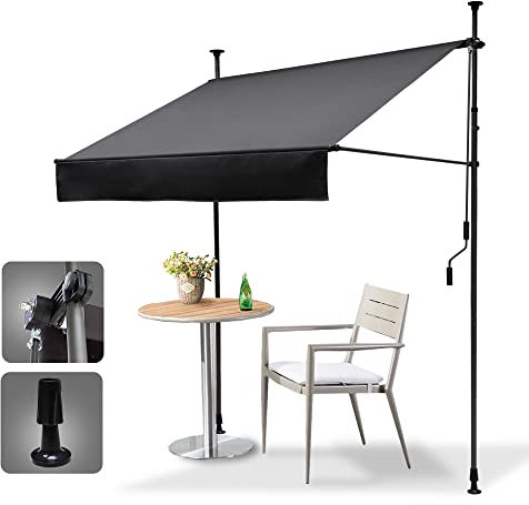 HOMEDEMO Klemmmarkise Markise Balkon (250 cm x 125 cm) Anthrazit mit Handkurbel, Balkonmarkise ohne Bohren, Sonnenschutz und wasserdicht, UV-beständig und höhenverstellbar
