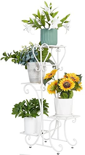 UNHO Espositore per Fiori Ferro: Bianco Verticale Supporto Fioriera in Metallico per Piante orchidee Scaffalatura per interni esterni per 4 Ripiani Scaffale Porta Piante Vasi in Ferro battuto