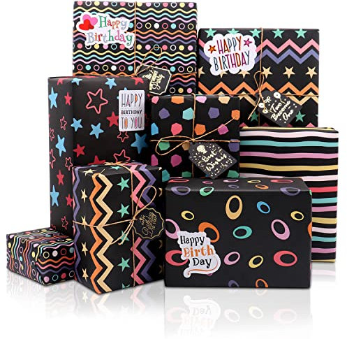 MAMUNU Geschenkpapier Set, 6 Blatt Schwarz Geschenkpapier Geburtstags mit Bunte Sterne Gestreiftes Design, Geschenkpapier mit Geschenkanhänger Aufkleber und Papierseile, 70x50cm