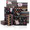 MAMUNU Geschenkpapier Set, 6 Blatt Schwarz Geschenkpapier Geburtstags mit Bunte Sterne Gestreiftes Design, Geschenkpapier mit Geschenkanhänger Aufkleber und Papierseile, 70x50cm