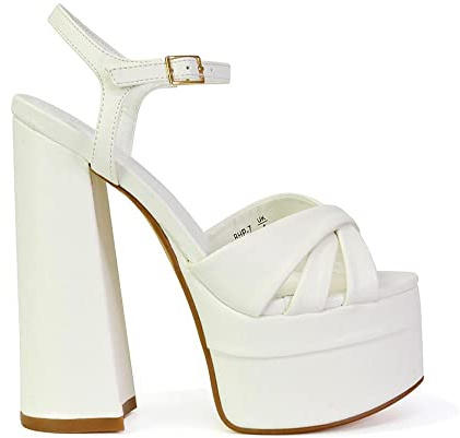 ESSEX GLAM Womens Platform Block High Heel Sandals Ladies Strappy Evening Party Shoes Size White Synthetic Leather