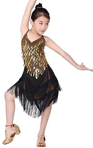 HOMU Lateinisches Tanzkleid Quastenrock Mädchen Pailletten Fransen Kleid funkelnd für Kinder Ballett Tango Rumba Tanzkleidung