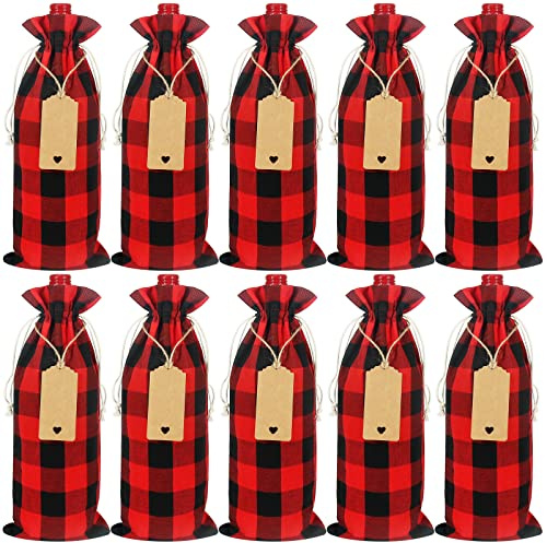 Shintop Christmas Wine Bags, 12 Pcs Buffalo Plaid Bottle Gift Bags with Drawstring & Tags Reusable Wine Bottle Cover for Christmas Wedding Birthday Holiday Party (14.6x6.3inch)