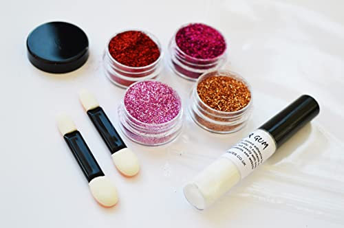 Glitter Lips Set Fine Dust 4 Mixes - Red, Pinks & Gold, Glue Adhesive & Brushes - Party Christmas Makeup Glitter Lipstick Girls Makeup Kid's Makeup