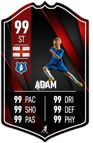 ShopQuality4U Personalise Football Cup Player Stats Card Sign - Black Red Printed Metal Shield Sign Wall Art A4 Player Add Name (28x17cm)