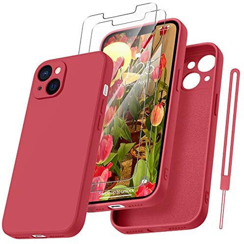 Qasyfanc Coque Protection Caméra pour iPhone 13 avec 2 Pièces Verre Trempé, Housse de Protection Silicone Antichoc Doublure Microfibre Douce Ultra Fine Coque iPhone 13 6.1 - Rouge