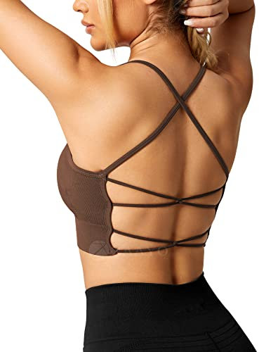 ZAAYO Damen Gym BH Gepolstert Crossback Fitness Sport Bra Abnehmbarer Brustpolster Yoga Tops Gestrickte Nahtlose Sportbekleidung Braun Small