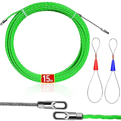 profiwoab Fish Tape 15m Polyester, Cable Pulling Wires, Fish Tape Wire Puller with Metal Lock Wire&Straps for Insulation Pipe, Diameter 4.5 mm