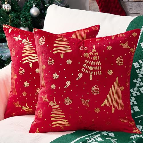 Topfinel Weihnachten Kissenbezug 40x40 Rot 2er Set Samt Weihnachtsdeko Geschenk Kissenbezüge Kissenhülle