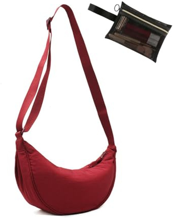 Borsa a tracolla Hobo Mezzaluna con portaoggetti in rete, borsa a tracolla per donne e uomini, borsa a tracolla con tracolla regolabile, Vino rosso, Medium