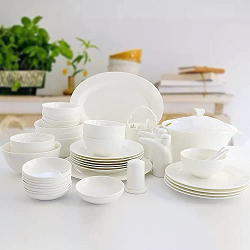Bone China Dinnerware Set, White Porcelain Round Dinner Dining Tableware Combi-Set with Cereal Noodle Bowl Dessert Soup Fish Plates Microwave and Oven Safe (23 Pieces Service for 6 People) (56 Pieces