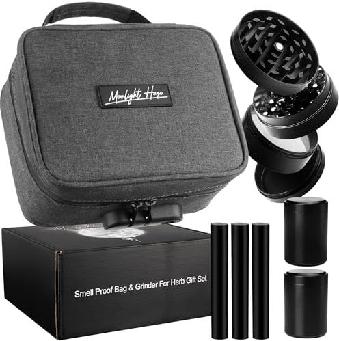Moonlight Haze Smell Proof Bag – Smell Proof Box Stash Box Gift Set with 3 Smell Proof Containers, Metal Grinder, Integrated Rolling Tray, 3 Doob Tubes, and Stash Jars – Gifts for Men & Women