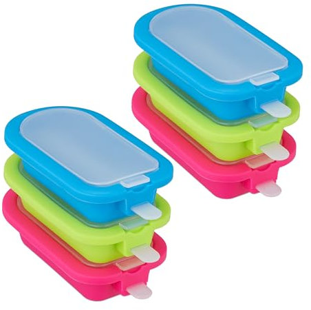 Relaxdays Juego Pack 6 Moldes para Helados, Silicona, Recipientes para Hacer Polos, sin BPA, con Palito, Verde, Azul y Rosa, 2,5 x 6,5 x 14 cm