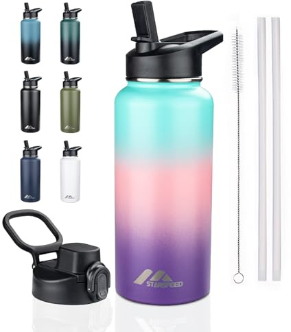 StarSpeed 32oz Insulated Water Bottle with Straws & 2 Lids, Stainless Steel Double Walled Vacuum Water Flask, Wide Mouth Sports Water Bottle for Gym Camping Hiking, Hydrangea