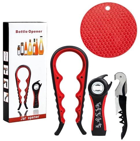 Abrebotellas para personas mayores, abrebotellas de goma para manos débiles 5 en 1 (rojo)