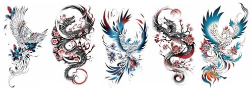 BeyondTattoos Lot de 5 feuilles de tatouage temporaire dragon phénix tatouage bras tatouage dragon phénix 5