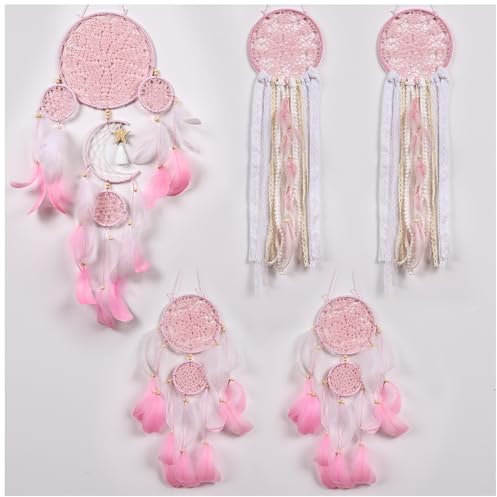 FeelfunFeather 5 Stück Traumfänger Sonne Mond Design Groß Handgefertigt Boho Wandbehang Ornament mit dekorativen Federn für Jungen Mädchen Schlafzimmer Wohnzimmer Heimdekoration (Rosa)