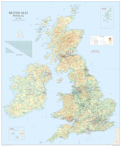 Detailed Physical Map of British Isles - Size - 100 x 120 cm - Vinyl | Detailed Laminated Wall Map, Ideal For Home, Office Or Classroom Display.