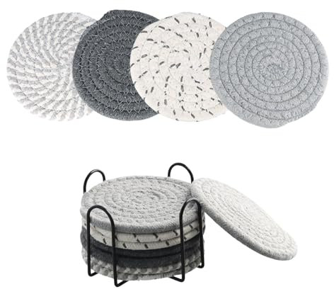 Nivofu Lot de 8 Dessous de Verre avec Support, sous-Verres absorbants en Coton, Dessous de Verre tressé Rond, Dessous de Verre bohème, Dessous de Verre pour Table Basse, pour Tasses (Gris)
