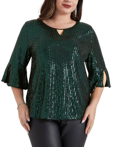 Hanna Nikole Damen Glitzer Oberteile hohlen V-Ausschnitt Designs Pailletten Bluse 3/4 Arm T Shirt Dunkelgrün 48
