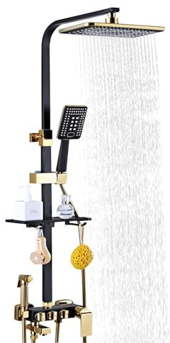 Set doccia a pioggia, nero e oro, doccia con doccetta, pannello doccia, per pensioni, hotel, centri balneari