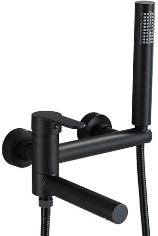 Robinet de Baignoire Mural Noir Mitigeur de Baignoire Robinetterie de baignoire avec douchette Mitigeur de douche en inox avec 2 fonctions
