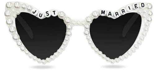 Topfunyy Sonnenbrille für die Braut zum Junggesellenabschied, „Just Married“, weiße herzförmige Perlenbrille für Frauen, Geschenkartikel für zukünftige Brautpartys